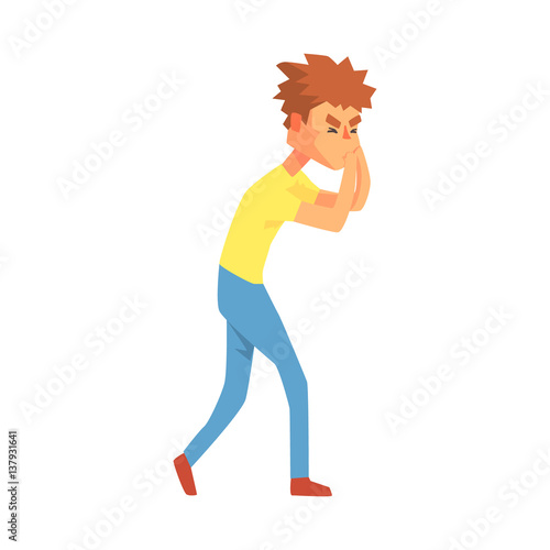Guy Running To Vomit Nauseous, Adult Person Feeling Unwell, Sick, Suffering From Illness