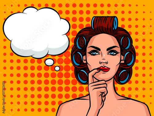 Young beautiful girl European type with curlers on her head thinking about something. Girl with speech bubble over halftone background effect