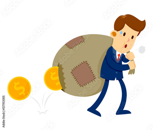 Businessman Carry Bag Of Gold Coins With Hole On It