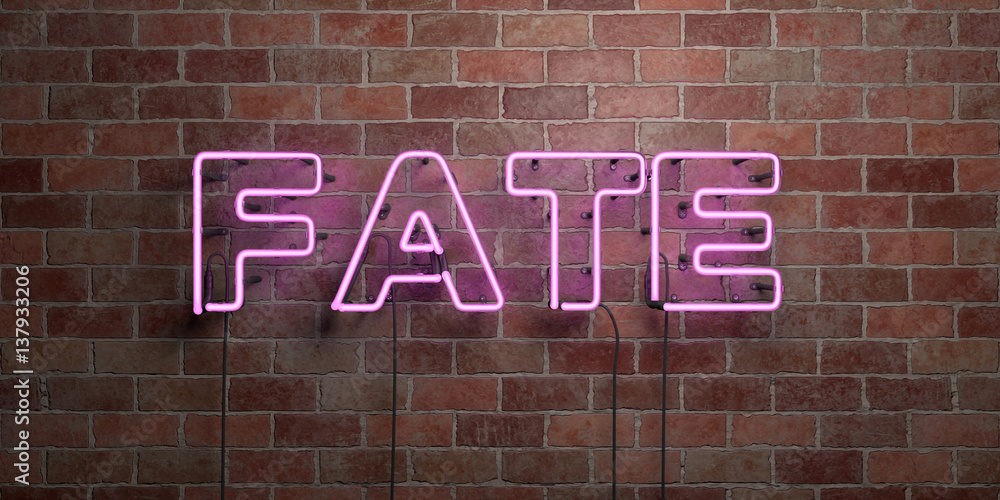 FATE - fluorescent Neon tube Sign on brickwork - Front view - 3D rendered royalty free stock picture. Can be used for online banner ads and direct mailers.. FATE - fluorescent Neon tube Sign on brickwork - Front view - 3D rendered royalty free stock picture. Can be used for online banner ads and direct mailers..