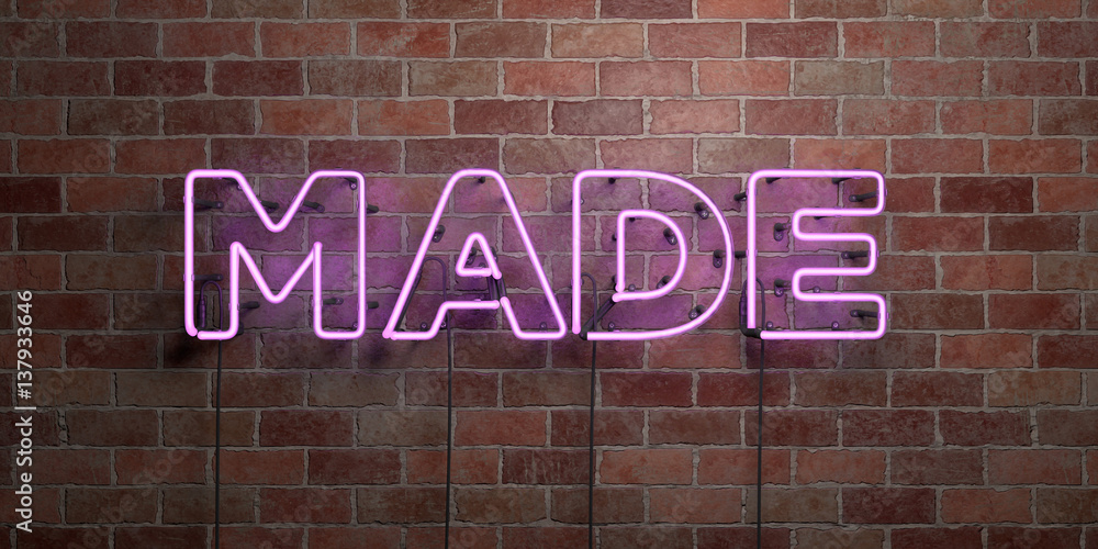 Obraz premium MADE - fluorescent Neon tube Sign on brickwork - Front view - 3D rendered royalty free stock picture. Can be used for online banner ads and direct mailers..