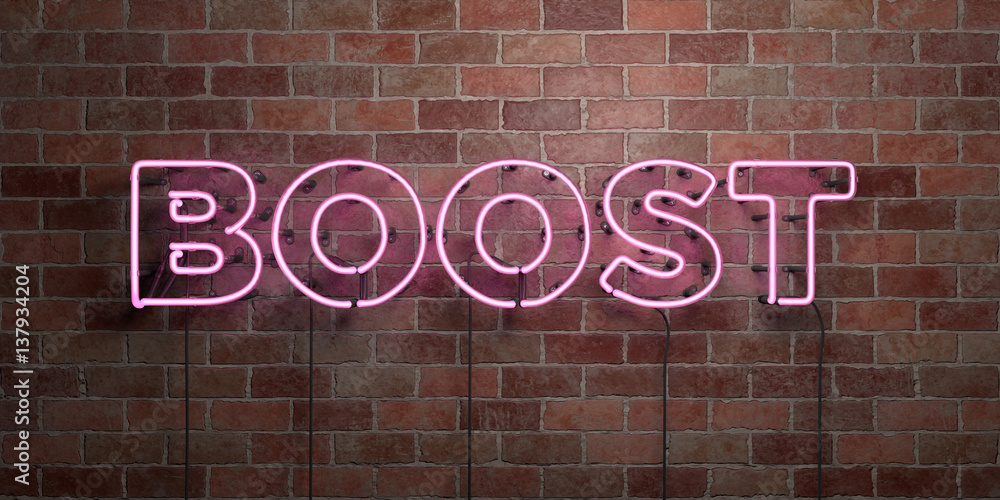 BOOST - fluorescent Neon tube Sign on brickwork - Front view - 3D rendered royalty free stock picture. Can be used for online banner ads and direct mailers.. BOOST - fluorescent Neon tube Sign on brickwork - Front view - 3D rendered royalty free stock picture. Can be used for online banner ads and direct mailers..
