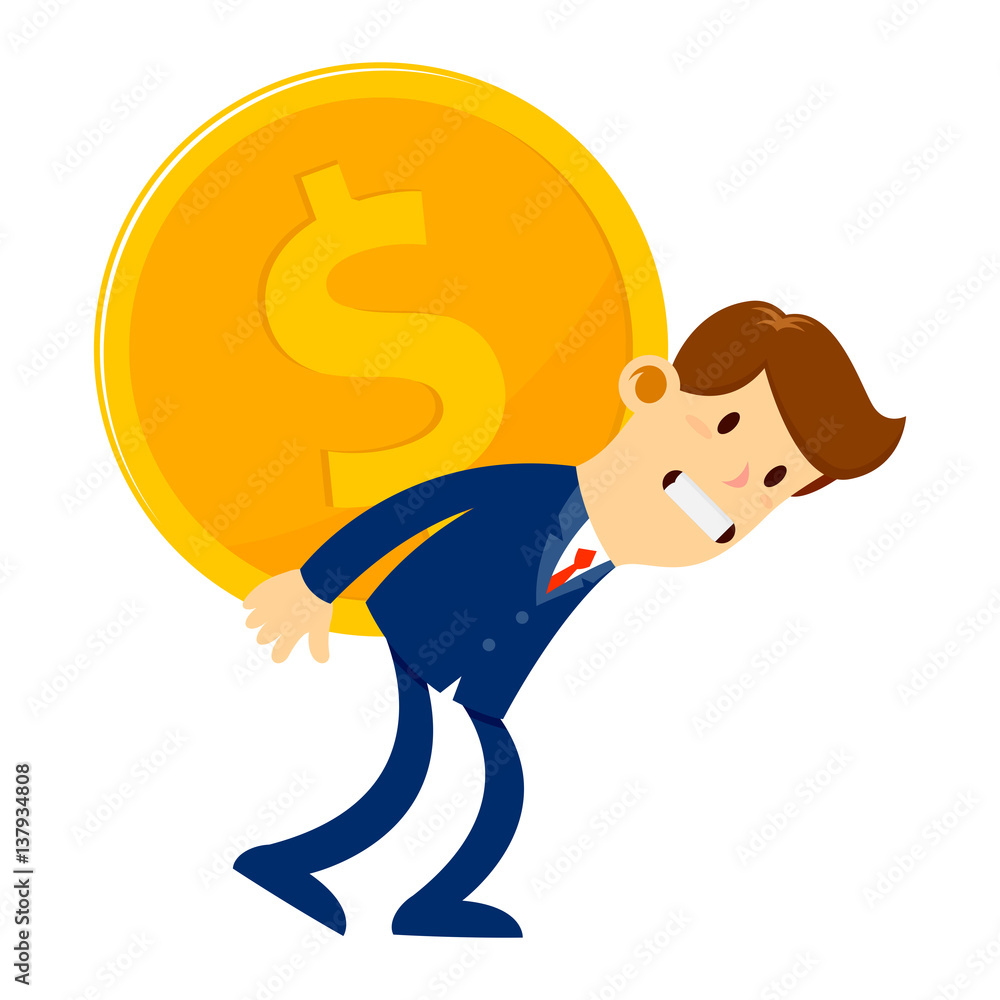 Businessman In Suit Carry Big Gold Coin On His Back Businessman In Suit Carry Big Gold Coin On His Back