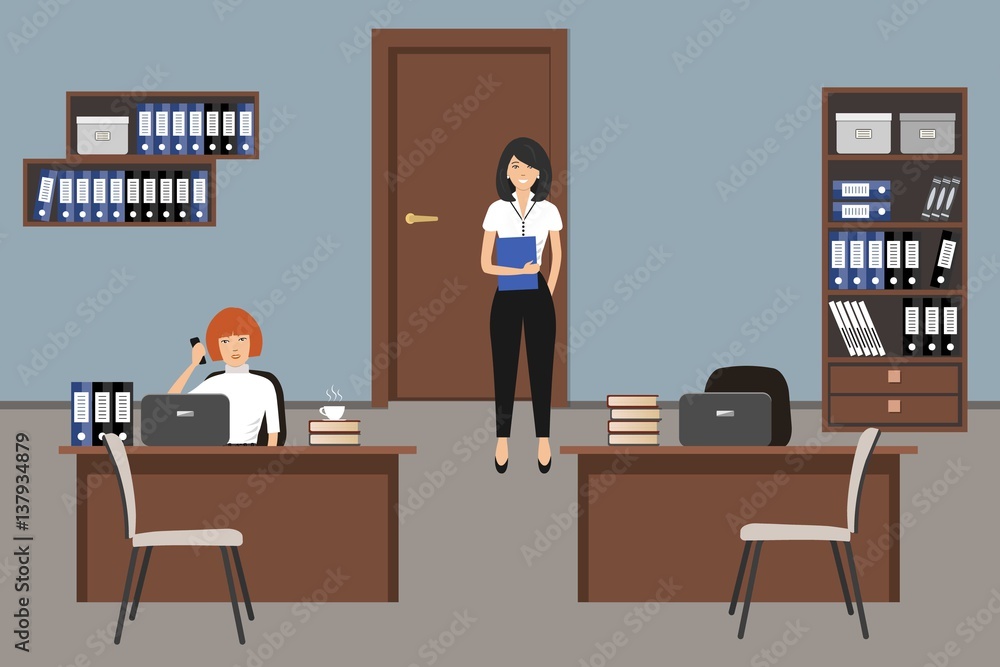 Office room in a blue color. Two young women are employees at work. There is furniture in a brown color and white chairs in the picture. Vector flat illustration Office room in a blue color. Two young women are employees at work. There is furniture in a brown color and white chairs in the picture. Vector flat illustration