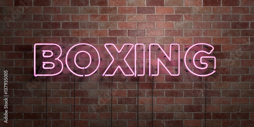 BOXING - fluorescent Neon tube Sign on brickwork - Front view - 3D rendered royalty free stock picture. Can be used for online banner ads and direct mailers..