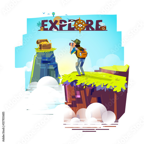 Explorer man with binocular on top of the mountain looking for treasure. backpacker character. adventure and explore concept. typographic for header design - illustration