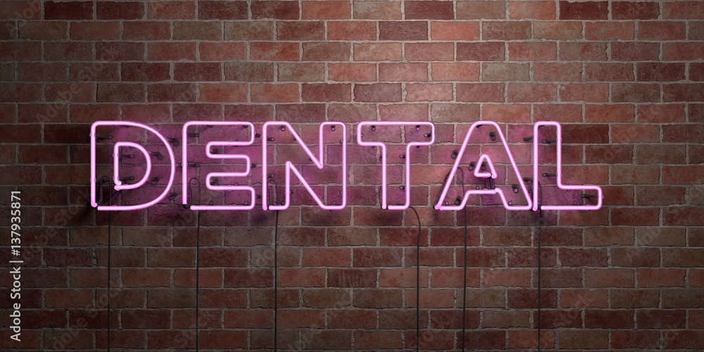 DENTAL - fluorescent Neon tube Sign on brickwork - Front view - 3D rendered royalty free stock picture. Can be used for online banner ads and direct mailers.. DENTAL - fluorescent Neon tube Sign on brickwork - Front view - 3D rendered royalty free stock picture. Can be used for online banner ads and direct mailers..