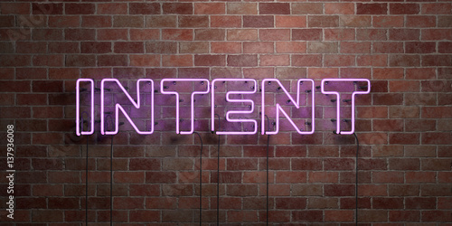 INTENT - fluorescent Neon tube Sign on brickwork - Front view - 3D rendered royalty free stock picture. Can be used for online banner ads and direct mailers..