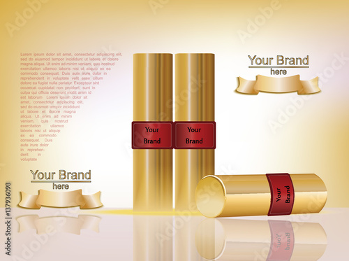 Makeup ads template. Gold lipsticks mockup with sparkling background. Charmin...