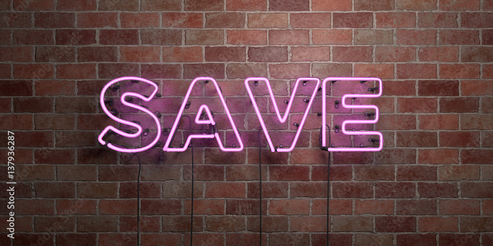 Fototapeta premium SAVE - fluorescencyjny neon świetlny znak na cegle - widok z przodu - 3D renderowane zdjęcie royalty free. Może być używany do banerów reklamowych online i bezpośrednich przesyłek pocztowych.