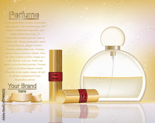 Makeup cosmetics and perfume ads template. Gold lipsticks mockup with sparkli...