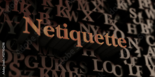 Netiquette - Wooden 3D rendered letters/message.  Can be used for an online banner ad or a print postcard. photo