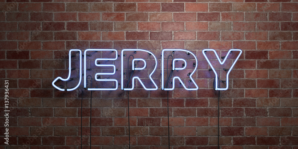 Obraz premium JERRY - fluorescent Neon tube Sign on brickwork - Front view - 3D rendered royalty free stock picture. Can be used for online banner ads and direct mailers..