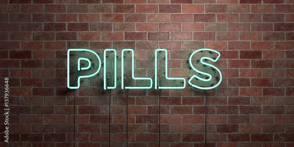 PILLS - fluorescent Neon tube Sign on brickwork - Front view - 3D rendered royalty free stock picture. Can be used for online banner ads and direct mailers.. PILLS - fluorescent Neon tube Sign on brickwork - Front view - 3D rendered royalty free stock picture. Can be used for online banner ads and direct mailers..