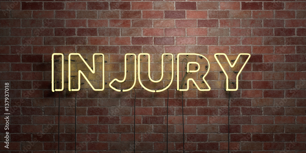 Obraz premium INJURY - fluorescent Neon tube Sign on brickwork - Front view - 3D rendered royalty free stock picture. Can be used for online banner ads and direct mailers..
