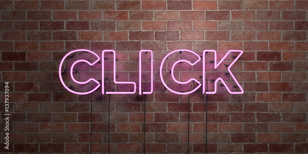 CLICK - fluorescent Neon tube Sign on brickwork - Front view - 3D rendered royalty free stock picture. Can be used for online banner ads and direct mailers.. CLICK - fluorescent Neon tube Sign on brickwork - Front view - 3D rendered royalty free stock picture. Can be used for online banner ads and direct mailers..