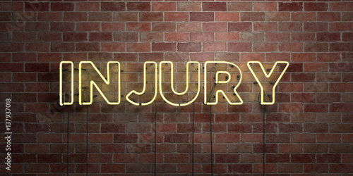 INJURY - fluorescent Neon tube Sign on brickwork - Front view - 3D rendered royalty free stock picture. Can be used for online banner ads and direct mailers..