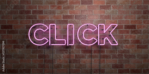 CLICK - fluorescent Neon tube Sign on brickwork - Front view - 3D rendered royalty free stock picture. Can be used for online banner ads and direct mailers..