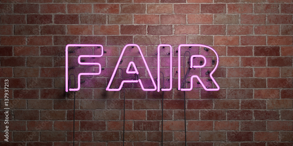 Fototapeta premium FAIR - fluorescent Neon tube Sign on brickwork - Front view - 3D rendered royalty free stock picture. Can be used for online banner ads and direct mailers..