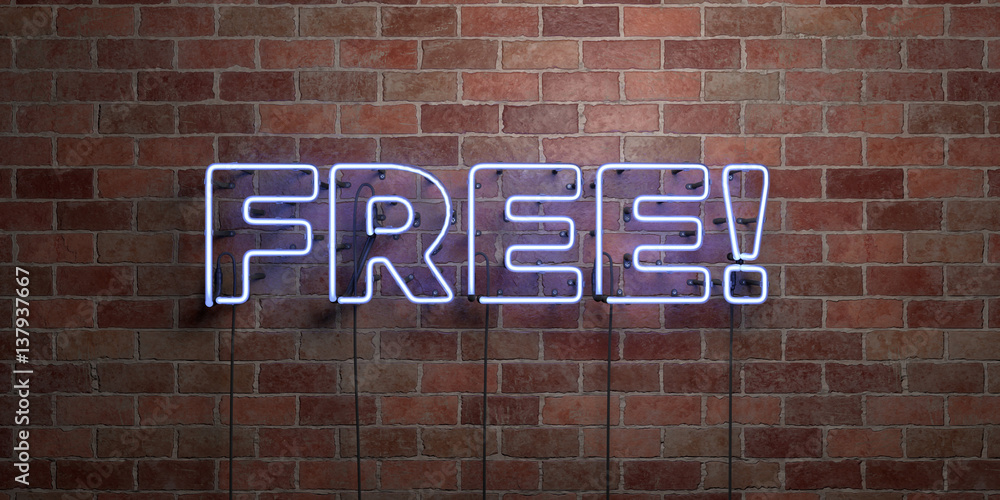 Fototapeta premium FREE! - fluorescent Neon tube Sign on brickwork - Front view - 3D rendered royalty free stock picture. Can be used for online banner ads and direct mailers..