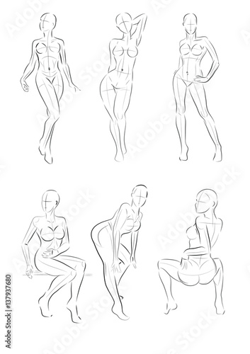 Vector illustration of stylized figures standing naked women. Outline poses female figure
