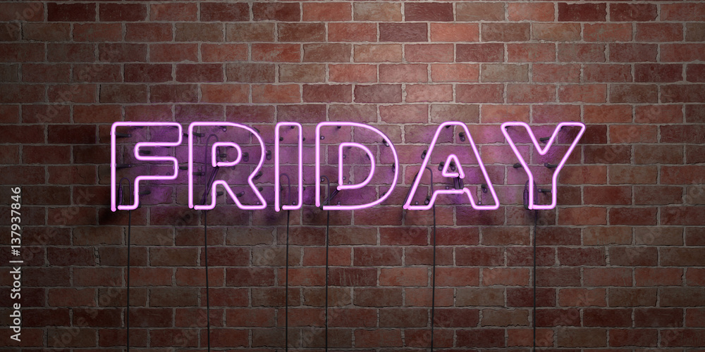 Obraz premium FRIDAY - fluorescent Neon tube Sign on brickwork - Front view - 3D rendered royalty free stock picture. Can be used for online banner ads and direct mailers..