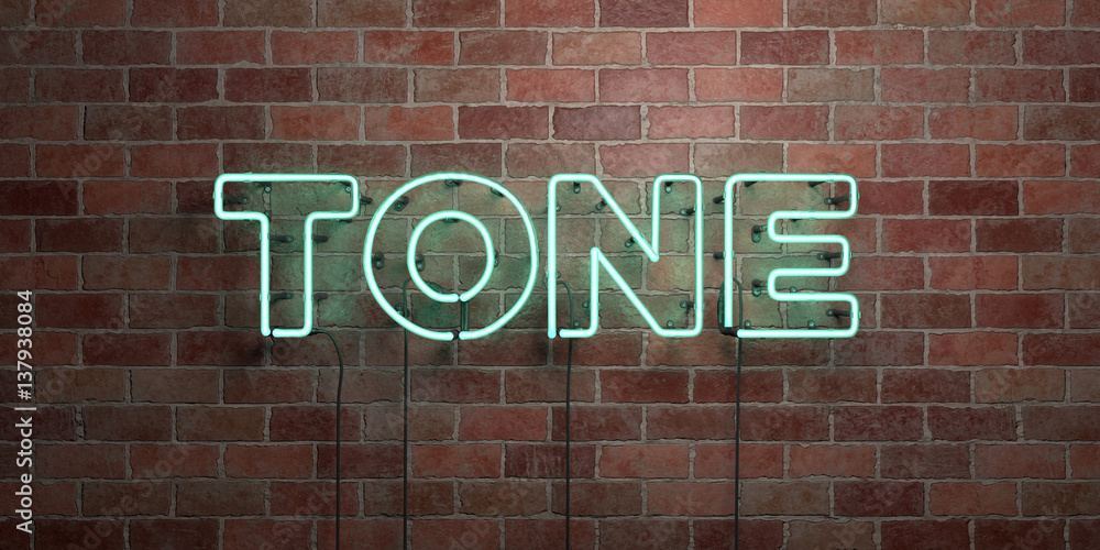 TONE - fluorescent Neon tube Sign on brickwork - Front view - 3D rendered royalty free stock picture. Can be used for online banner ads and direct mailers.. TONE - fluorescent Neon tube Sign on brickwork - Front view - 3D rendered royalty free stock picture. Can be used for online banner ads and direct mailers..
