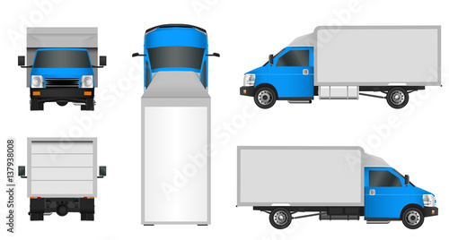 Blue truck template. Cargo van Vector illustration EPS 10 isolated on white background. City commercial vehicle delivery.