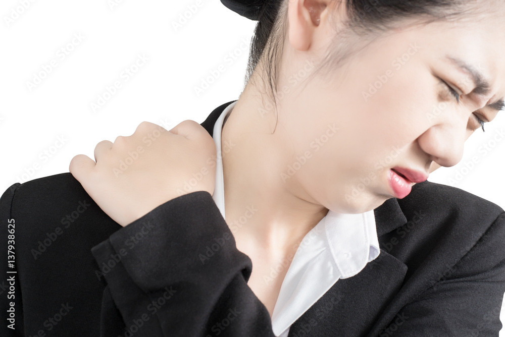 Painful shoulder in a businesswoman isolated on white background. Clipping path on white background. Painful shoulder in a businesswoman isolated on white background. Clipping path on white background.