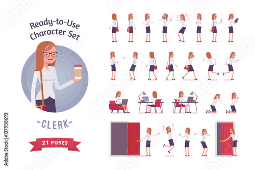 Ready-to-use young female clerk character set, different poses and emotions