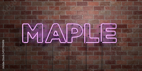 MAPLE - fluorescent Neon tube Sign on brickwork - Front view - 3D rendered royalty free stock picture. Can be used for online banner ads and direct mailers..