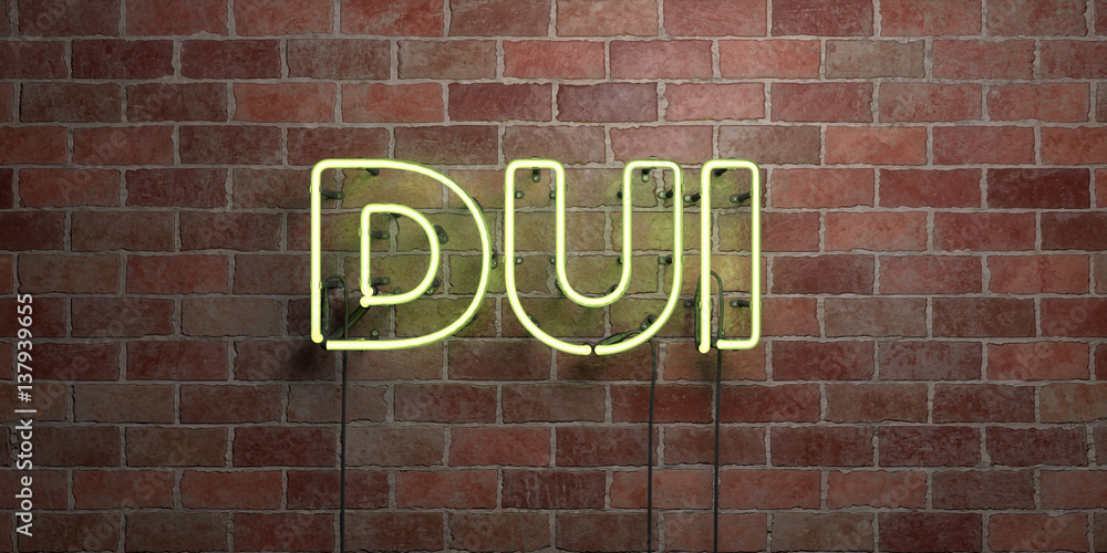 DUI - fluorescent Neon tube Sign on brickwork - Front view - 3D rendered royalty free stock picture. Can be used for online banner ads and direct mailers.. DUI - fluorescent Neon tube Sign on brickwork - Front view - 3D rendered royalty free stock picture. Can be used for online banner ads and direct mailers..