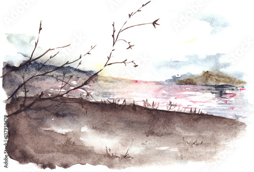 Watercolor spring autumn tree river cost landscape