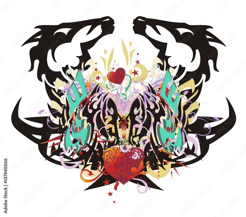 Fototapeta premium Grunge unusual eagle-horse symbol. Double imaginary animal symbol with red hearts with arrows, red asterisks, gold eagle wings and colorful floral twirled elements 