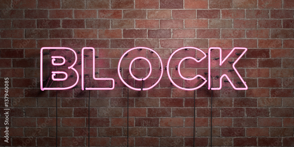 Obraz premium BLOCK - fluorescent Neon tube Sign on brickwork - Front view - 3D rendered royalty free stock picture. Can be used for online banner ads and direct mailers..