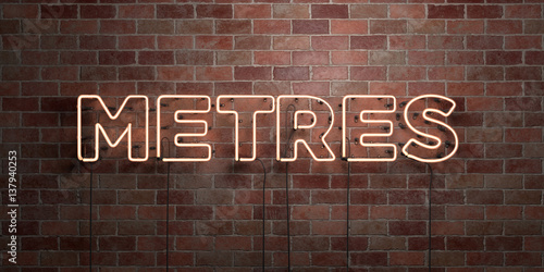 METRES - fluorescent Neon tube Sign on brickwork - Front view - 3D rendered royalty free stock picture. Can be used for online banner ads and direct mailers..