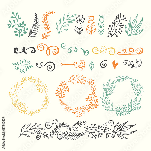 set of vector design elements. Floral hand drawn elements