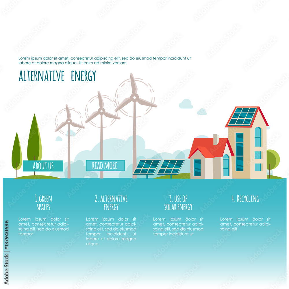 Eco urban landscape. Alternative energy. Solar, wind power. Web page concept