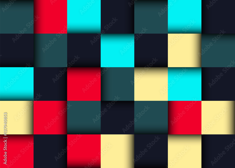     Colorful twisted seamless background of equal squares. The original geometric pattern. Vector image can be used as wallpaper or gift wrap. Blue, yellow, red colors.