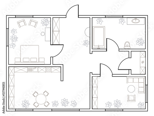 Abstract vector plan of one-bedroom apartment