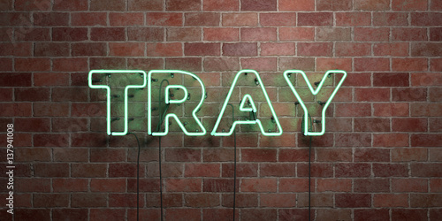 TRAY - fluorescent Neon tube Sign on brickwork - Front view - 3D rendered royalty free stock picture. Can be used for online banner ads and direct mailers..
