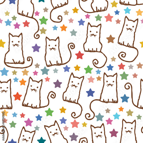 Fototapeta Naklejka Na Ścianę i Meble -  Hand drawn vector seamless pattern with cats and stars