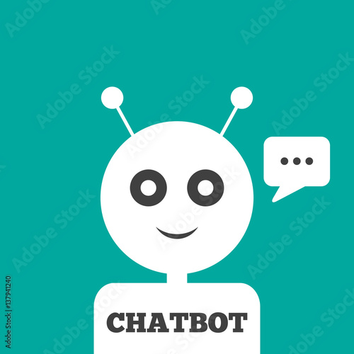 The head of the robot with antennas, message in a rectangular speech bubble, text Chatbot.