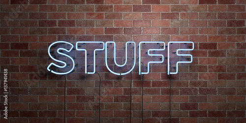 STUFF - fluorescent Neon tube Sign on brickwork - Front view - 3D rendered royalty free stock picture. Can be used for online banner ads and direct mailers..