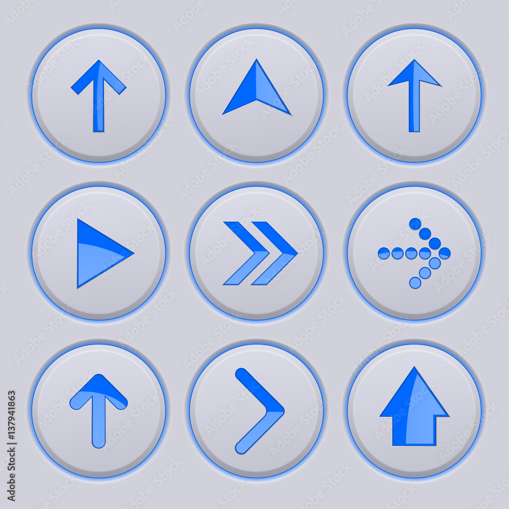 Blue arrow on gray buttons. 3d icons set Blue arrow on gray buttons. 3d icons set