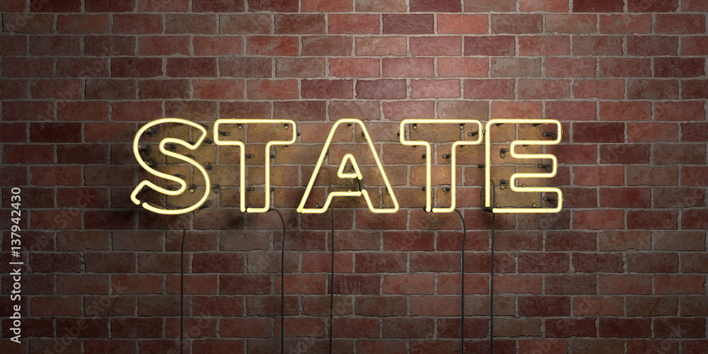 STATE - fluorescent Neon tube Sign on brickwork - Front view - 3D rendered royalty free stock picture. Can be used for online banner ads and direct mailers.. STATE - fluorescent Neon tube Sign on brickwork - Front view - 3D rendered royalty free stock picture. Can be used for online banner ads and direct mailers..