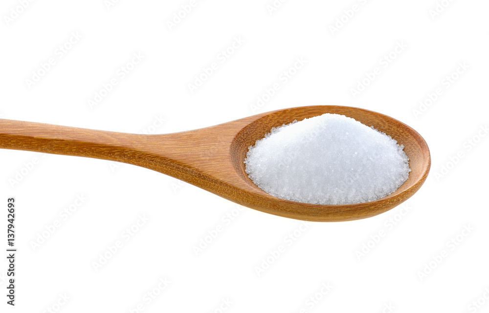Salt in wooden spoon on white background Salt in wooden spoon on white background