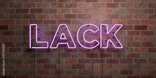 LACK - fluorescent Neon tube Sign on brickwork - Front view - 3D rendered royalty free stock picture. Can be used for online banner ads and direct mailers..