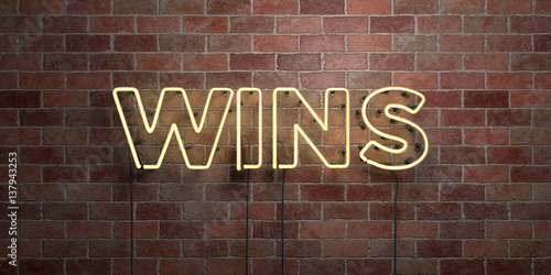 WINS - fluorescent Neon tube Sign on brickwork - Front view - 3D rendered royalty free stock picture. Can be used for online banner ads and direct mailers.. photo