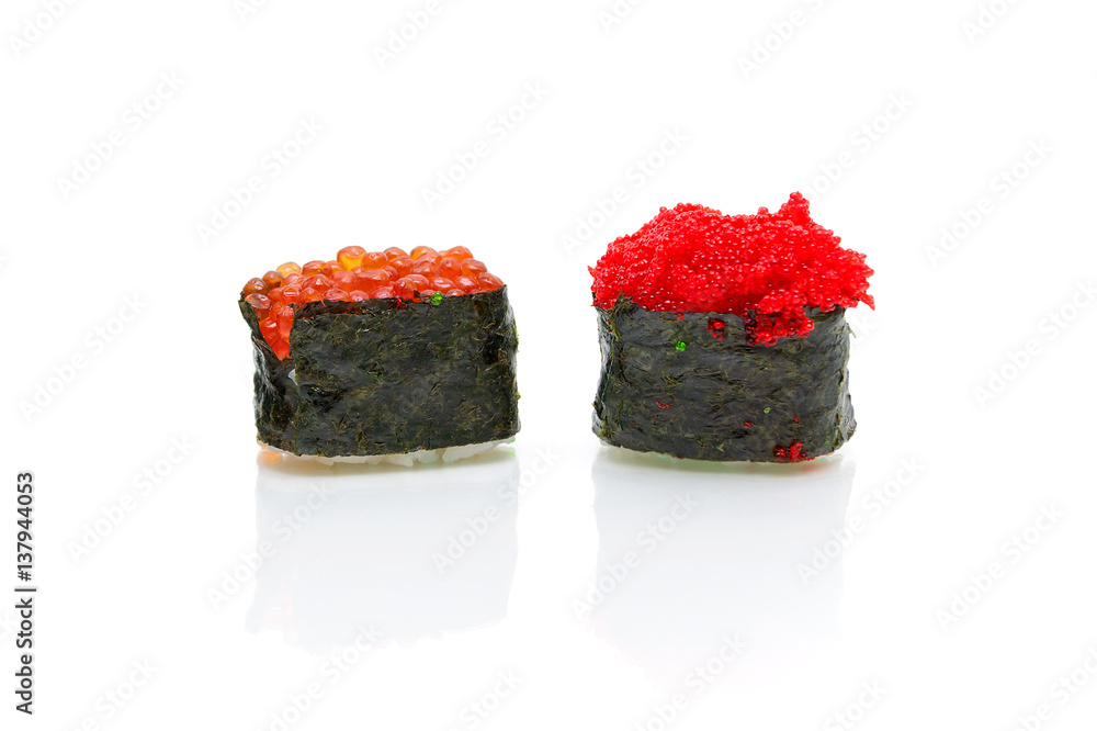 Japanese sushi on a white background with reflection Japanese sushi on a white background with reflection